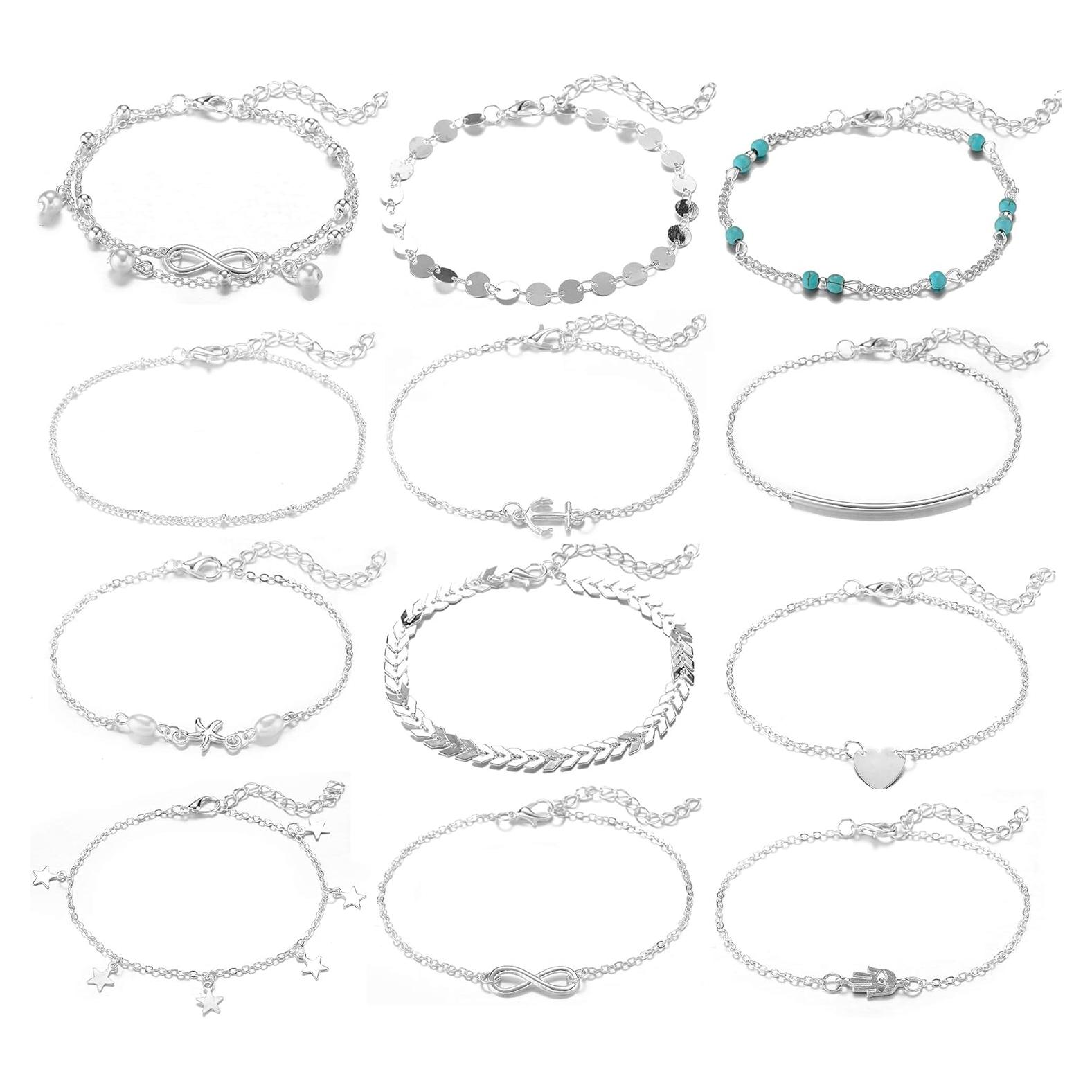 Conjunto de Pulseras de Tobillo Softones 12 Pcs Mujeres Oro Plata