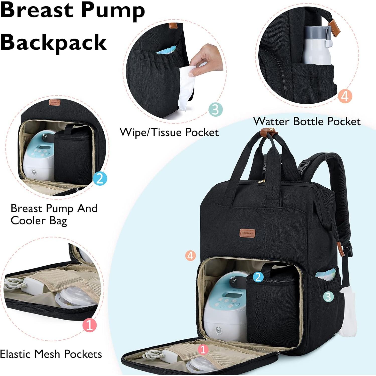 Mochila para extractor de leche Mommore negra con funda para laptop 15.6"