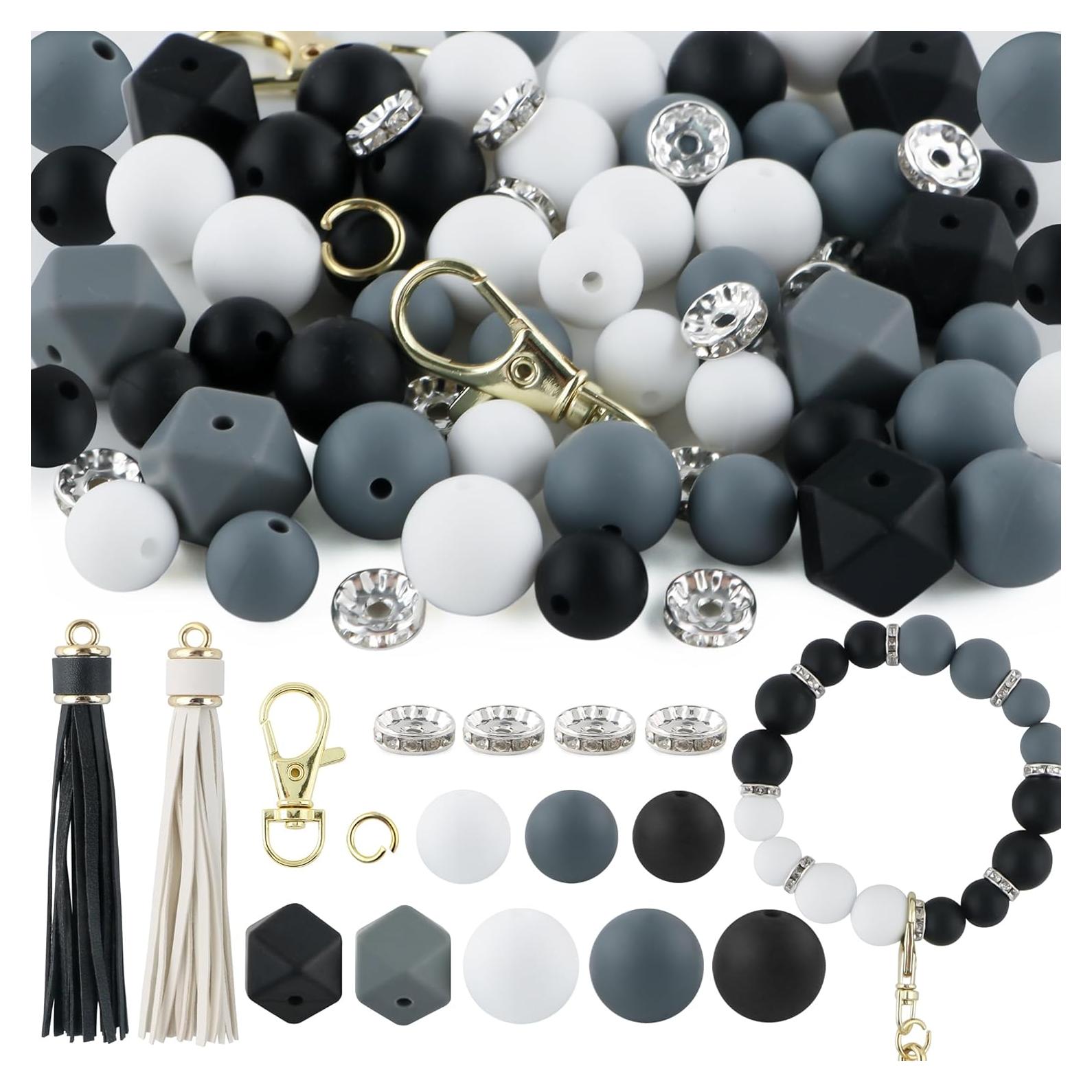 Sunrony 60Pcs Mixed Black White Gray Tassels Keychains Rhinestone Spacer Round Hexagon Silicone Beads for Keychain Making and Necklace Bracelet, 12mm 14mm 15mm Silicone Beads for Pens Crafts