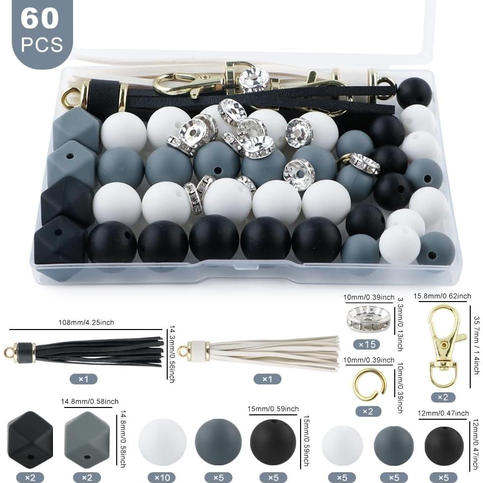 Sunrony 60Pcs Mixed Black White Gray Tassels Keychains Rhinestone Spacer Round Hexagon Silicone Beads for Keychain Making and Necklace Bracelet, 12mm 14mm 15mm Silicone Beads for Pens Crafts