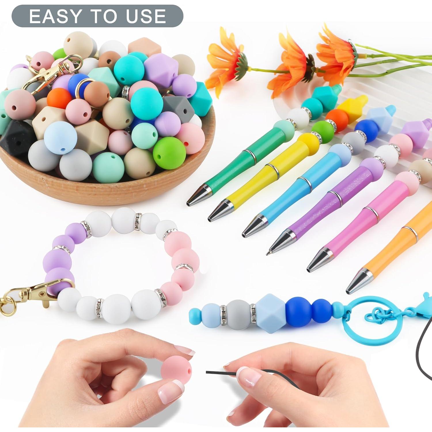 Sunrony 60Pcs Mixed Black White Gray Tassels Keychains Rhinestone Spacer Round Hexagon Silicone Beads for Keychain Making and Necklace Bracelet, 12mm 14mm 15mm Silicone Beads for Pens Crafts