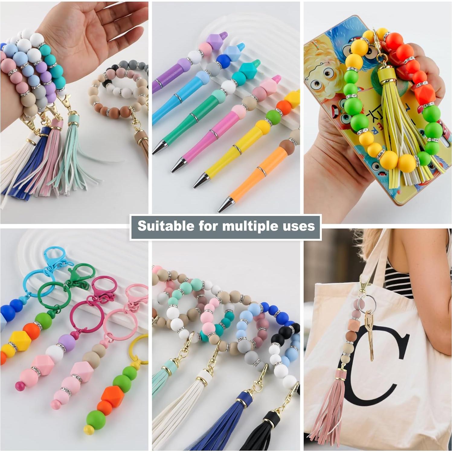 Sunrony 60Pcs Mixed Black White Gray Tassels Keychains Rhinestone Spacer Round Hexagon Silicone Beads for Keychain Making and Necklace Bracelet, 12mm 14mm 15mm Silicone Beads for Pens Crafts