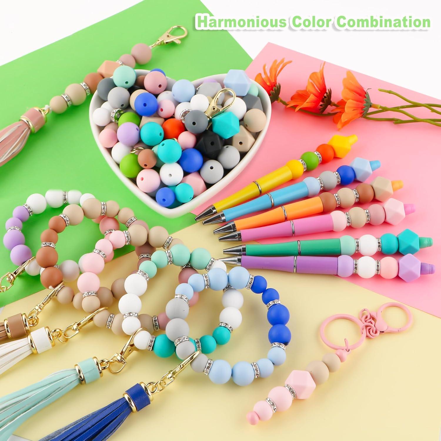 Sunrony 60Pcs Mixed Black White Gray Tassels Keychains Rhinestone Spacer Round Hexagon Silicone Beads for Keychain Making and Necklace Bracelet, 12mm 14mm 15mm Silicone Beads for Pens Crafts