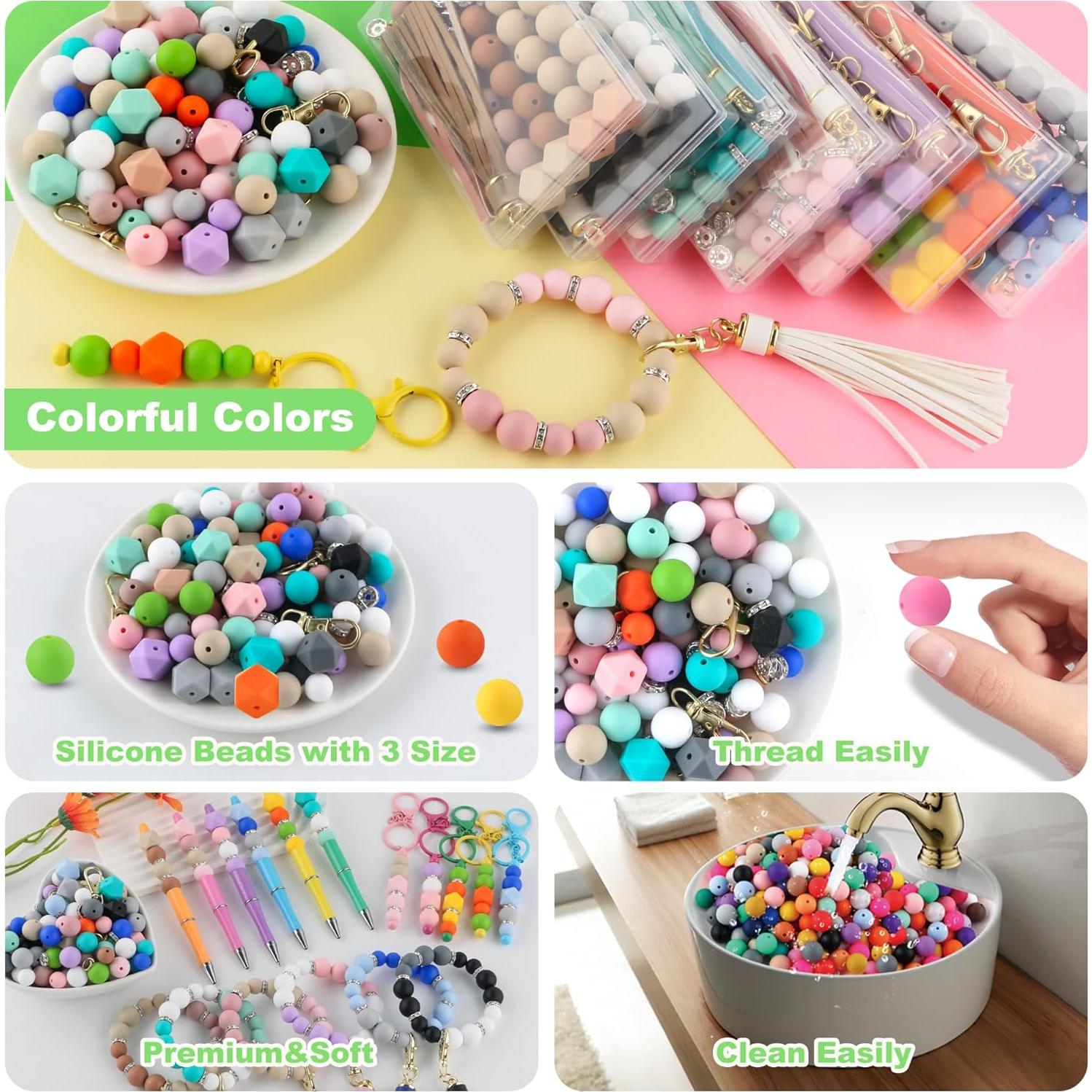 Sunrony 60Pcs Mixed Black White Gray Tassels Keychains Rhinestone Spacer Round Hexagon Silicone Beads for Keychain Making and Necklace Bracelet, 12mm 14mm 15mm Silicone Beads for Pens Crafts