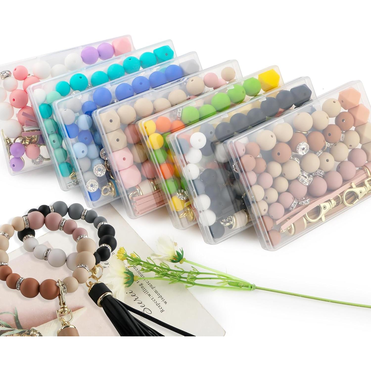 Sunrony 60Pcs Mixed Black White Gray Tassels Keychains Rhinestone Spacer Round Hexagon Silicone Beads for Keychain Making and Necklace Bracelet, 12mm 14mm 15mm Silicone Beads for Pens Crafts