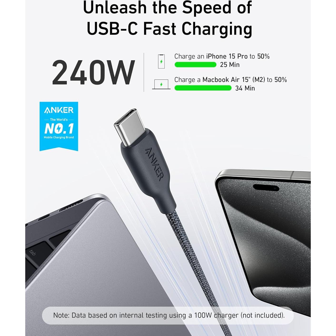 Cable USB C Anker A80E7 240W Carga Rápida 3,05m Negro