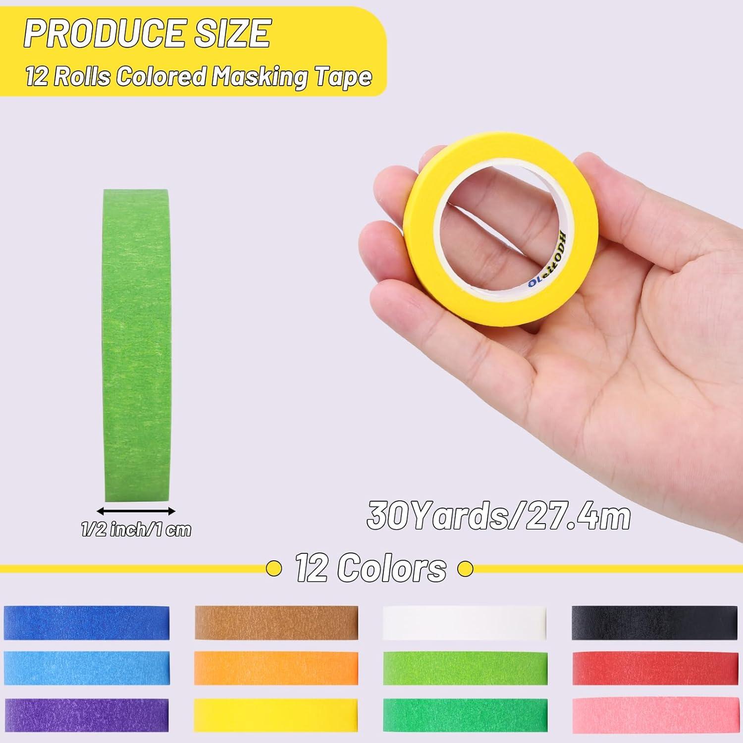 12 Rollos de Cinta de Enmascarar de Colores 12.7 mm x 27.43 m