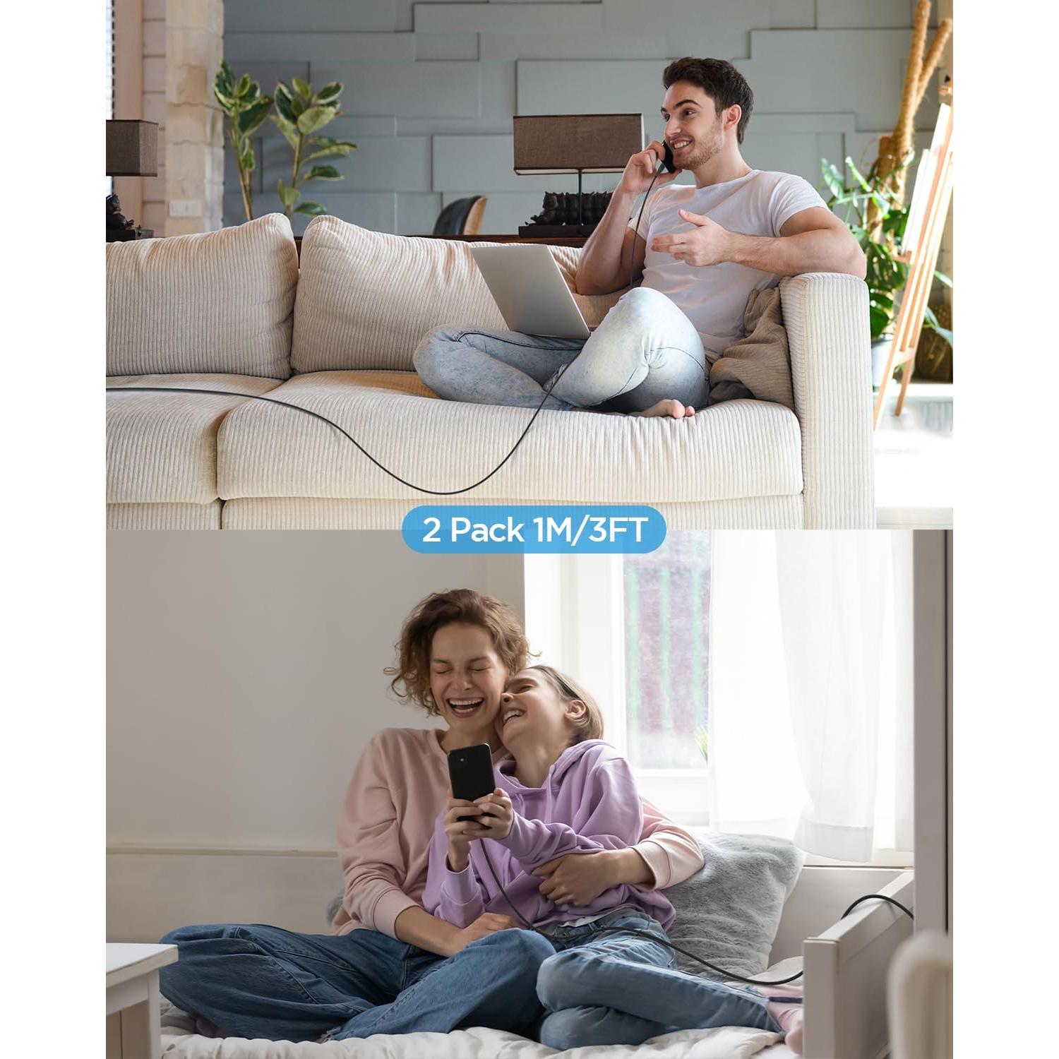 Cable USB C Aioneus 0.91m 2 Paquete Carga Rápida 3A Negro