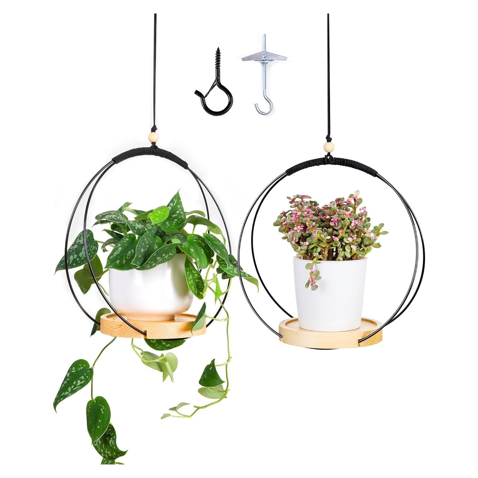 Colgador de Plantas de Interior Dalian - Base de Madera 2 Piezas Negras