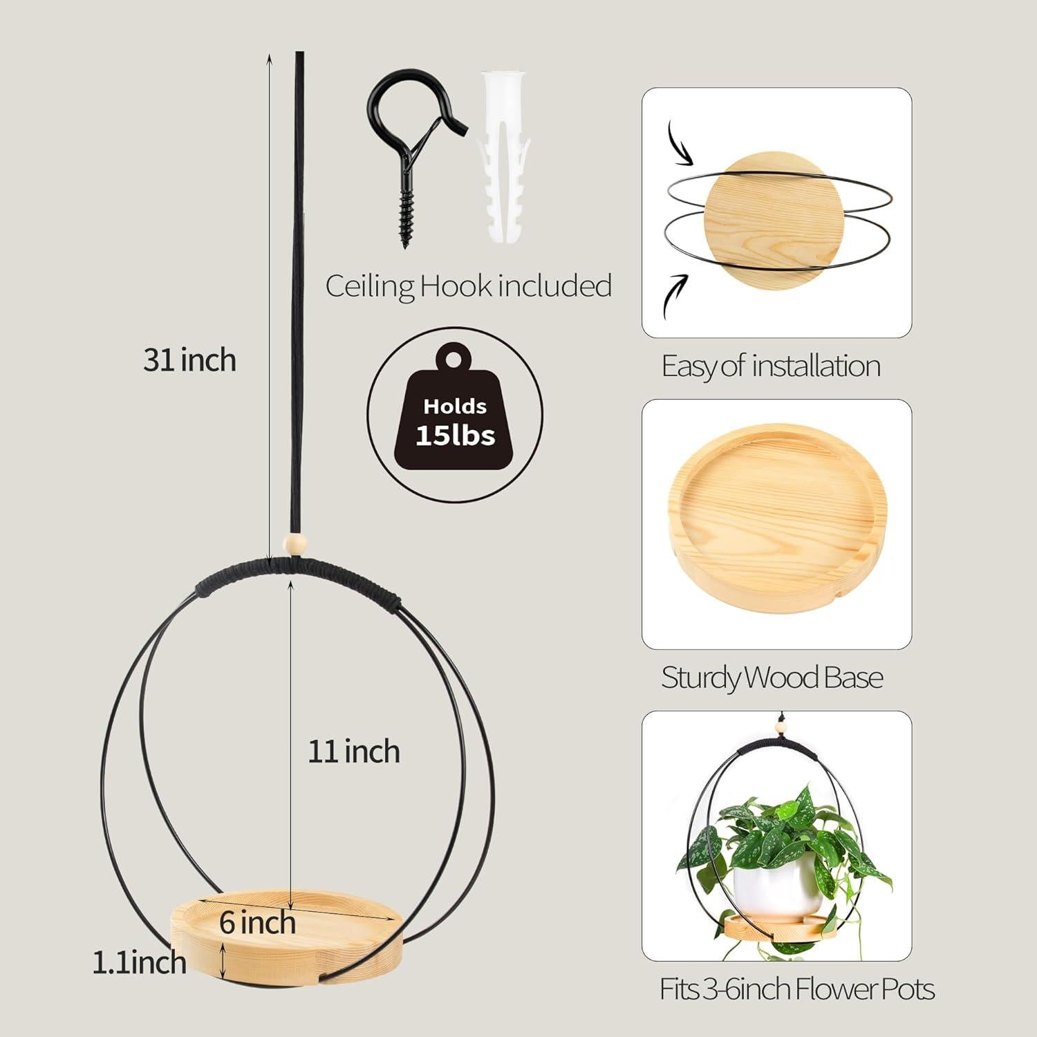 Colgador de Plantas de Interior Dalian - Base de Madera 2 Piezas Negras