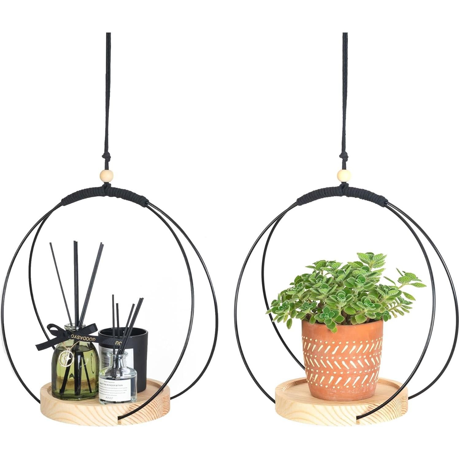 Colgador de Plantas de Interior Dalian - Base de Madera 2 Piezas Negras