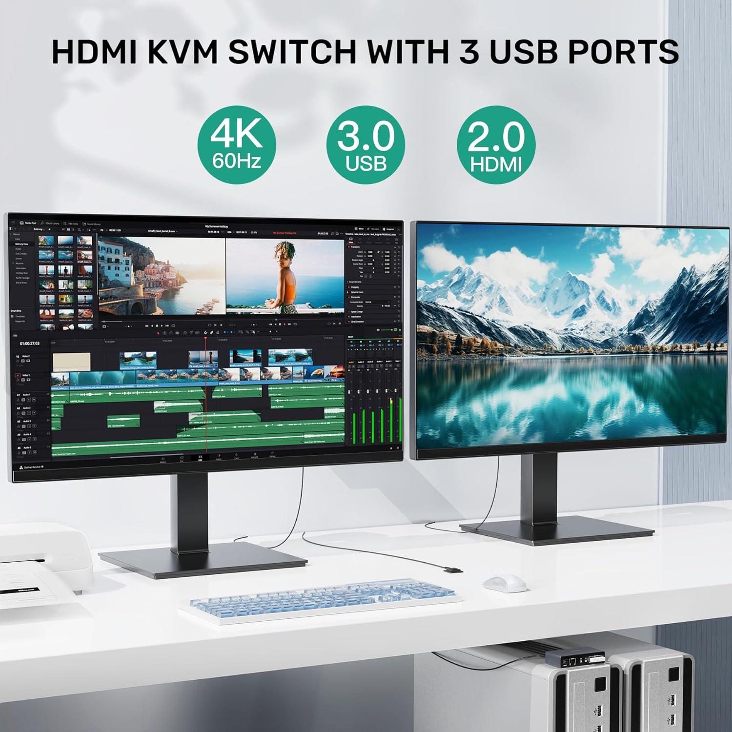 Interruptor KVM HDMI 2 Monitores 2 Computadoras 4K 60Hz
