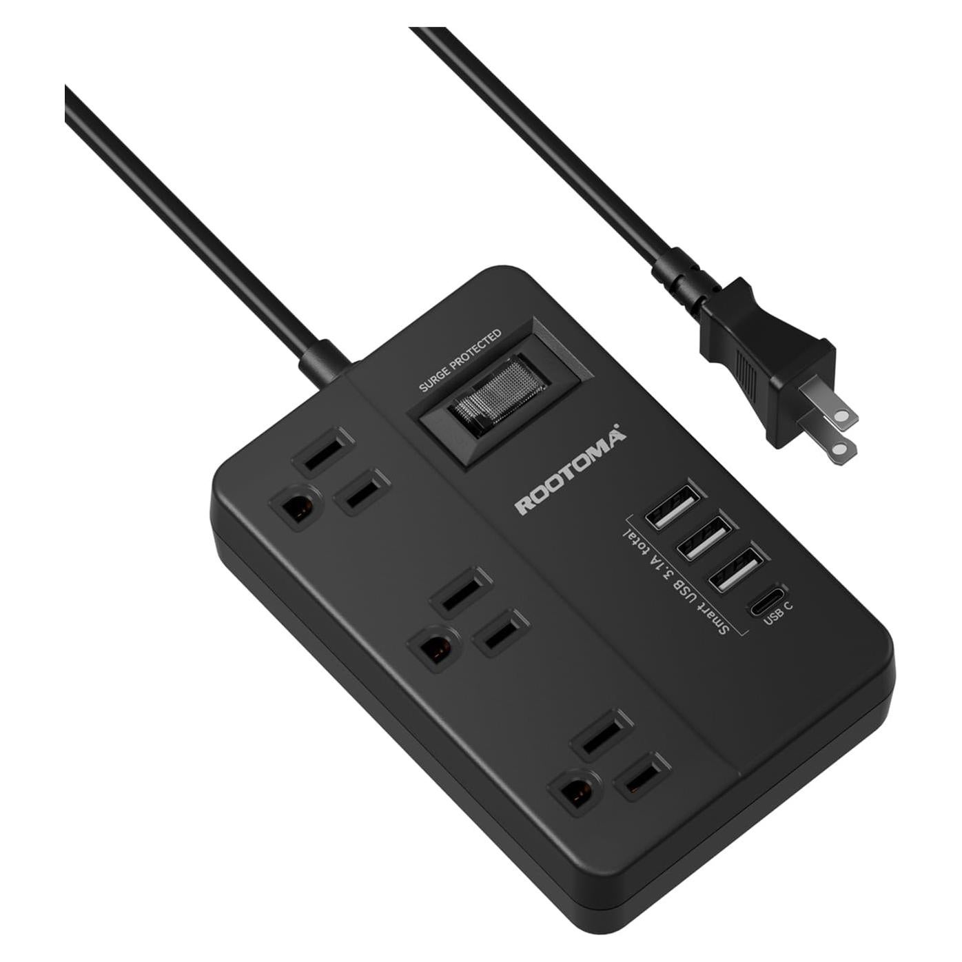 ROOTOMA 2 Prong to 3 Prong Surge Protected Outlet Adapter, 1080J with 3 Outlets & 4 USB, 4ft Black Polarized Adapter for Old House