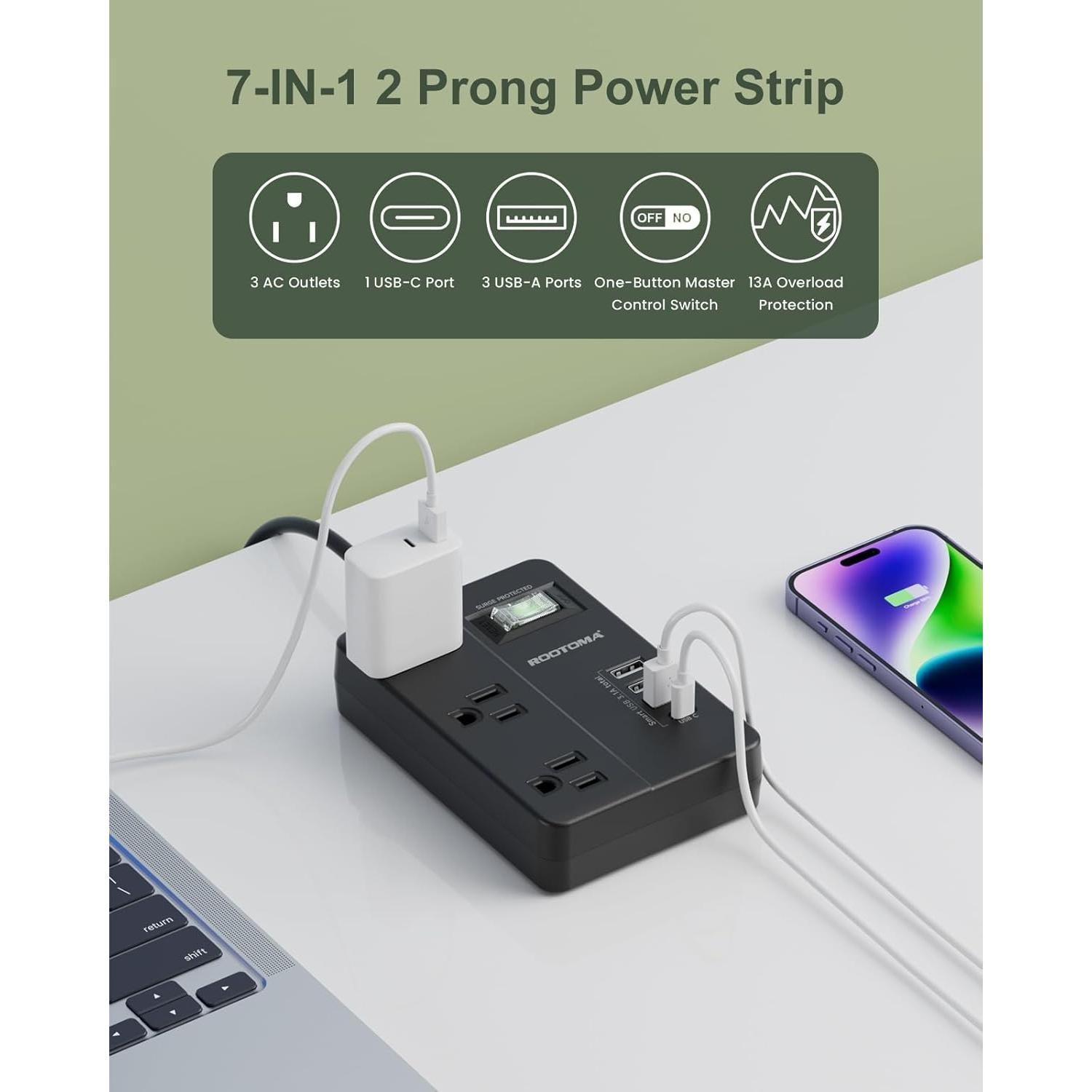 ROOTOMA 2 Prong to 3 Prong Surge Protected Outlet Adapter, 1080J with 3 Outlets & 4 USB, 4ft Black Polarized Adapter for Old House