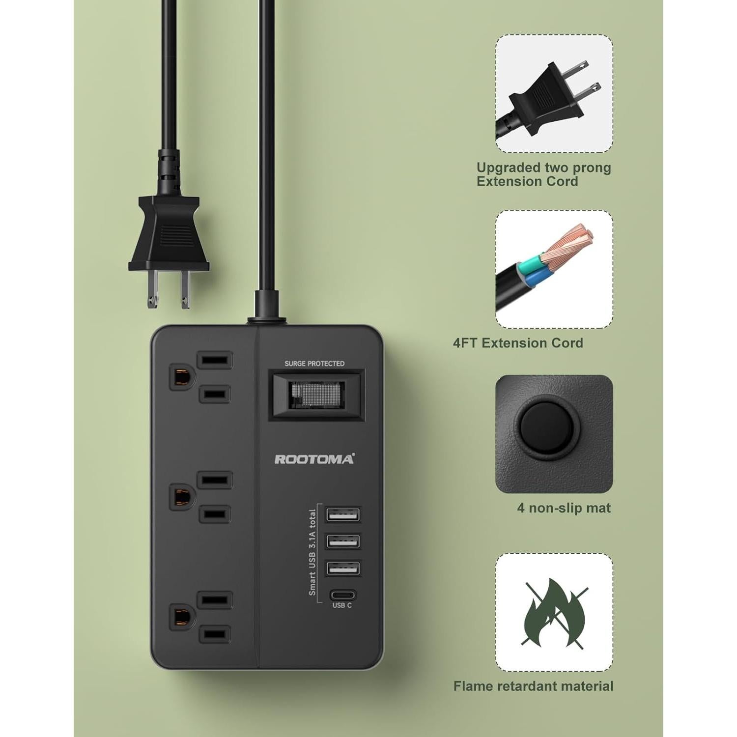 ROOTOMA 2 Prong to 3 Prong Surge Protected Outlet Adapter, 1080J with 3 Outlets & 4 USB, 4ft Black Polarized Adapter for Old House