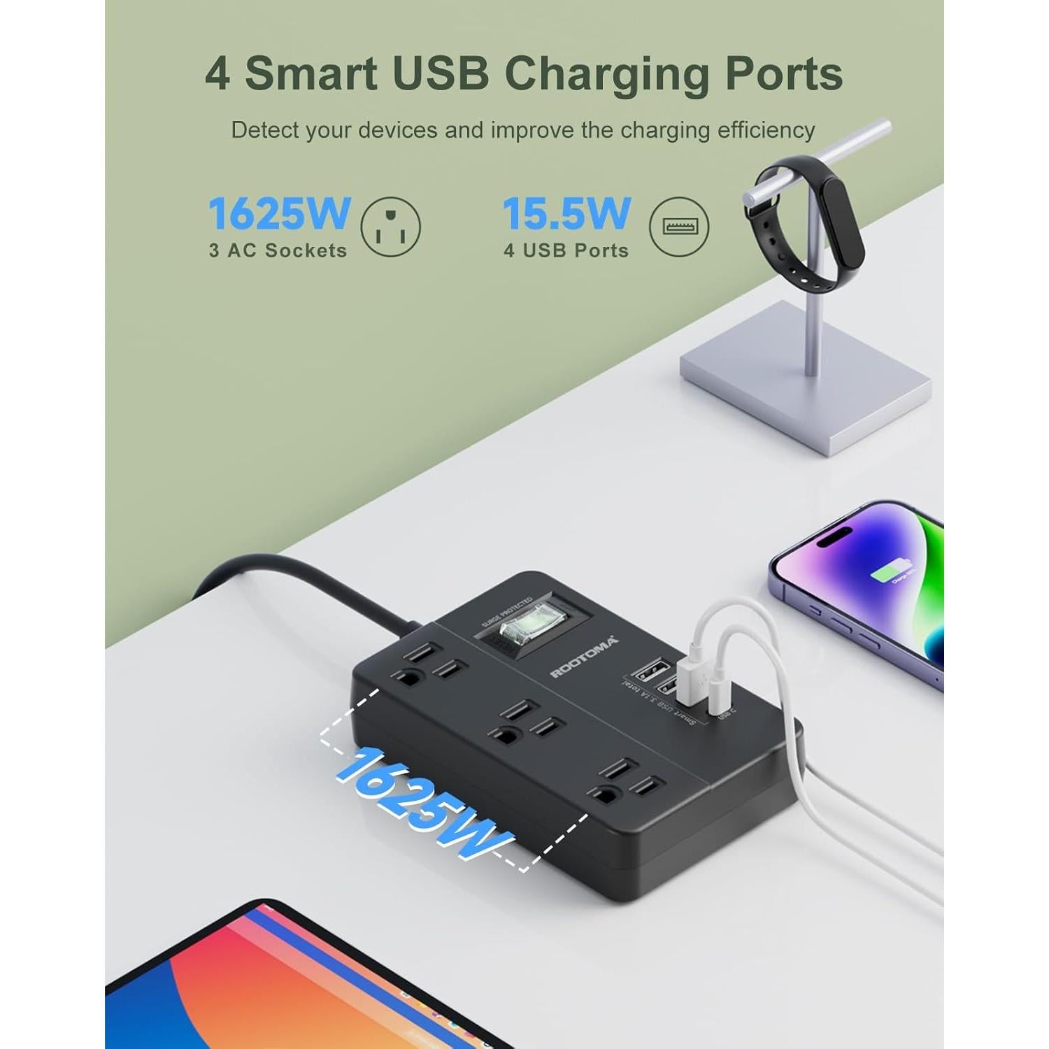 ROOTOMA 2 Prong to 3 Prong Surge Protected Outlet Adapter, 1080J with 3 Outlets & 4 USB, 4ft Black Polarized Adapter for Old House