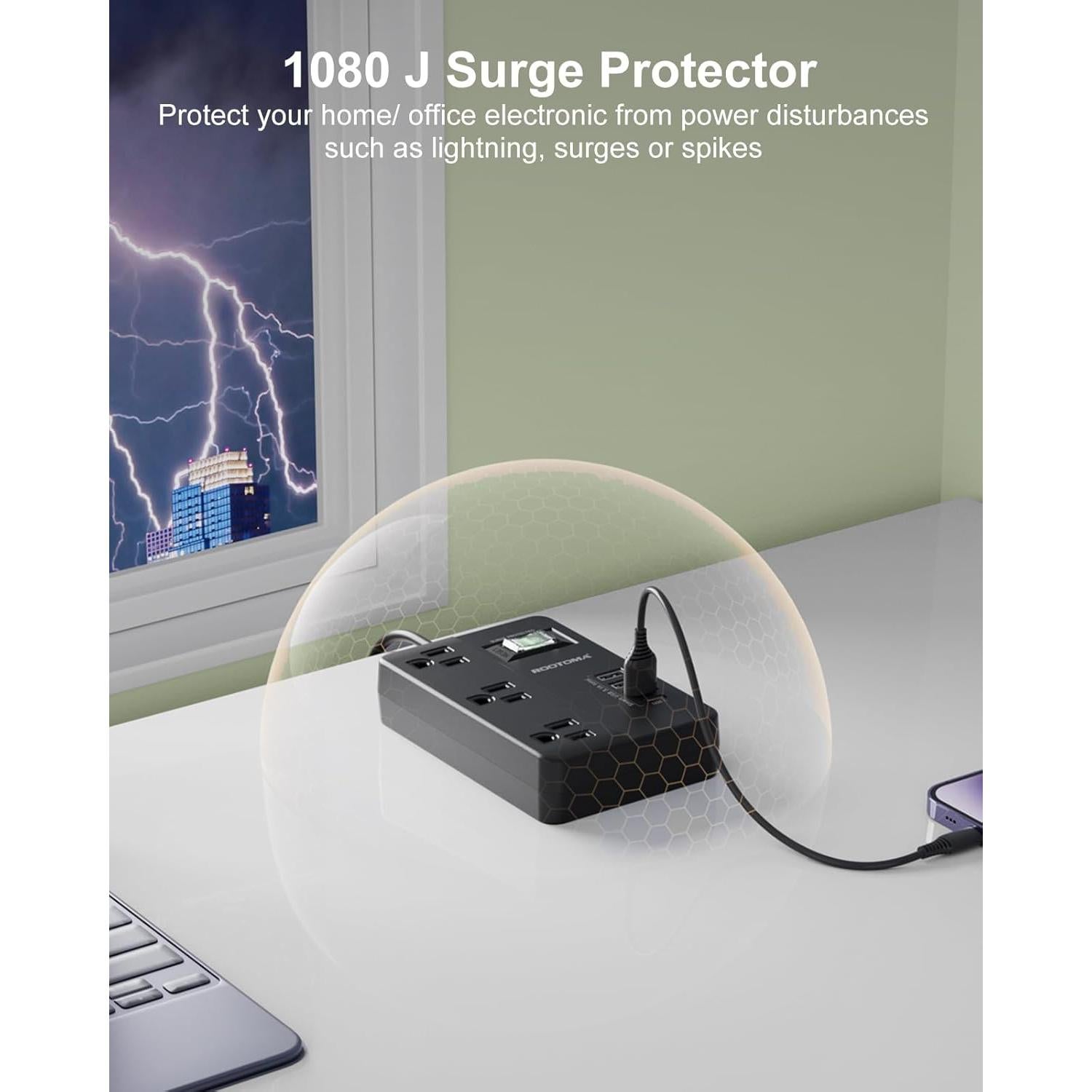 ROOTOMA 2 Prong to 3 Prong Surge Protected Outlet Adapter, 1080J with 3 Outlets & 4 USB, 4ft Black Polarized Adapter for Old House