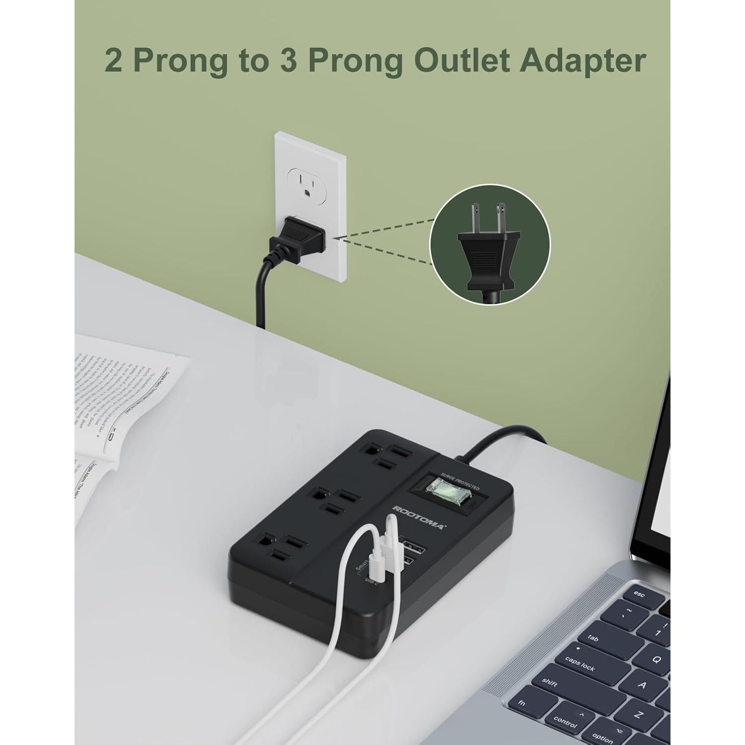 ROOTOMA 2 Prong to 3 Prong Surge Protected Outlet Adapter, 1080J with 3 Outlets & 4 USB, 4ft Black Polarized Adapter for Old House