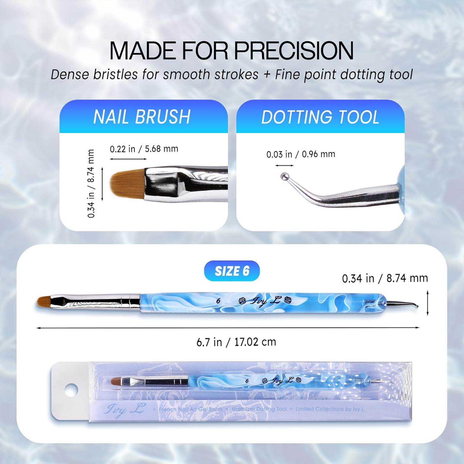 Pincel de Uñas Acrílico Kolinsky IvyL #6 con Herramienta de Punteo