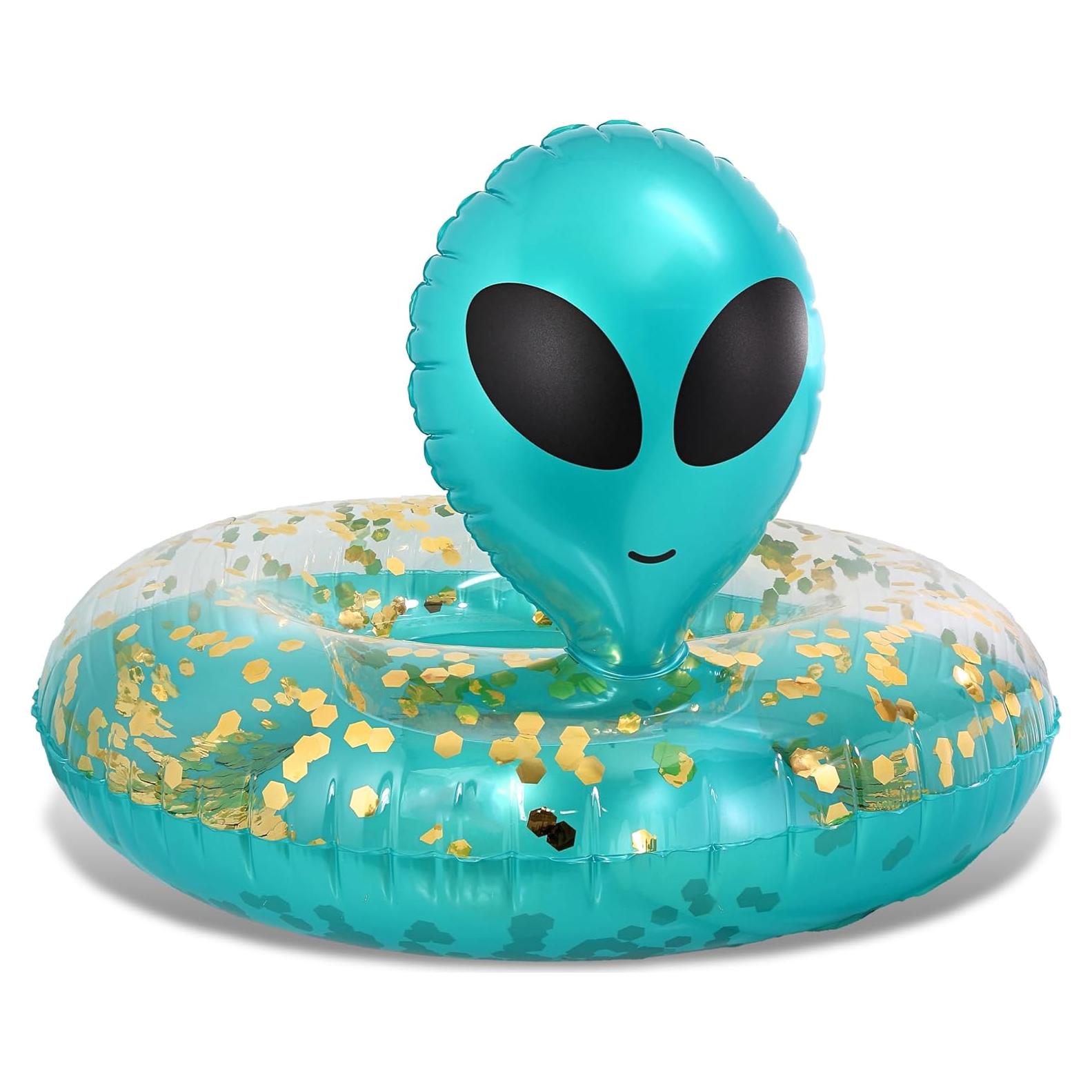 Flotador Inflable Alienígena POZA 91 cm Azul Dorado con Confeti