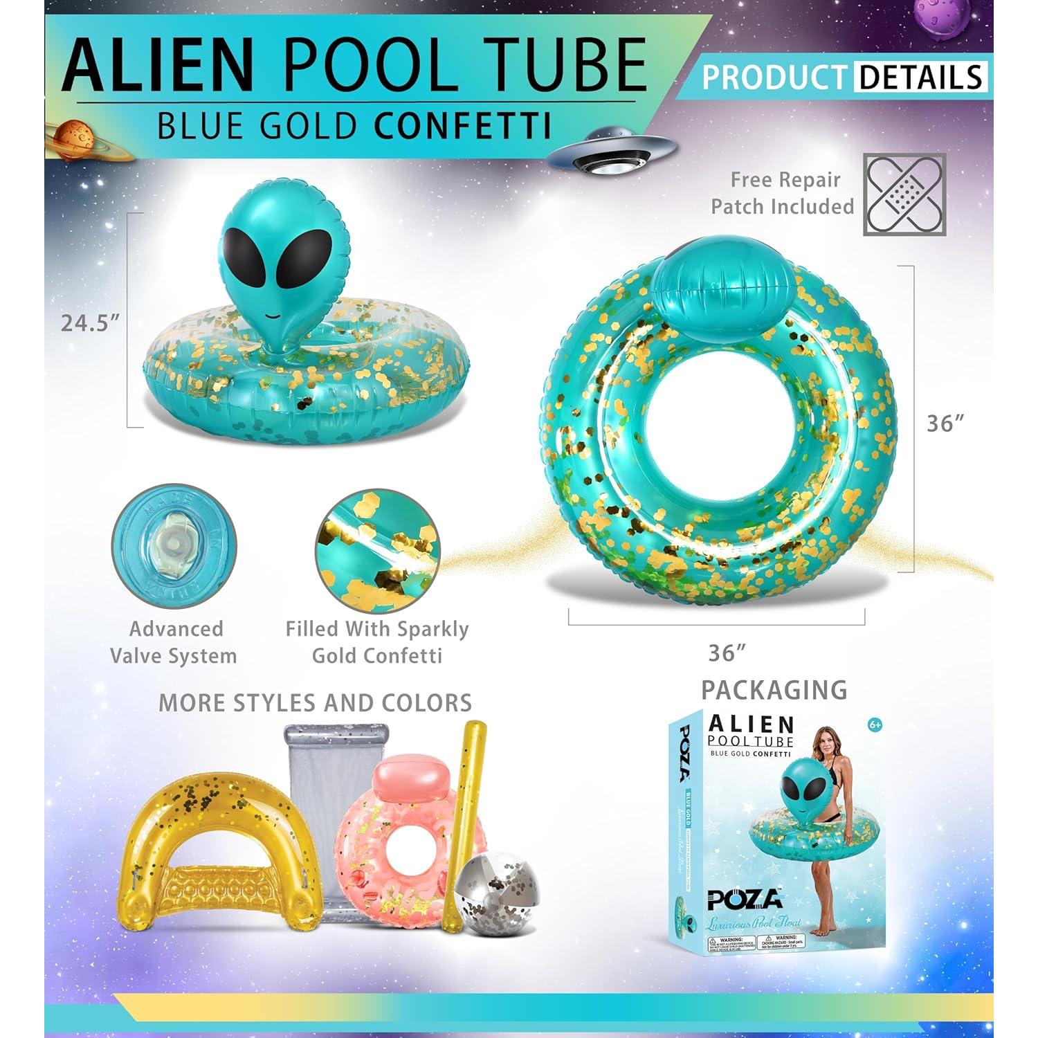Flotador Inflable Alienígena POZA 91 cm Azul Dorado con Confeti