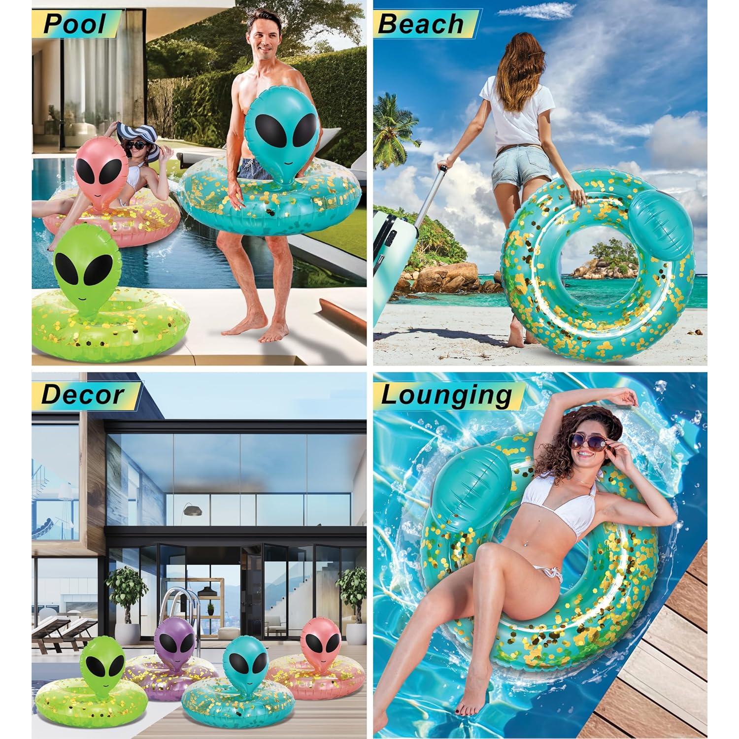 Flotador Inflable Alienígena POZA 91 cm Azul Dorado con Confeti