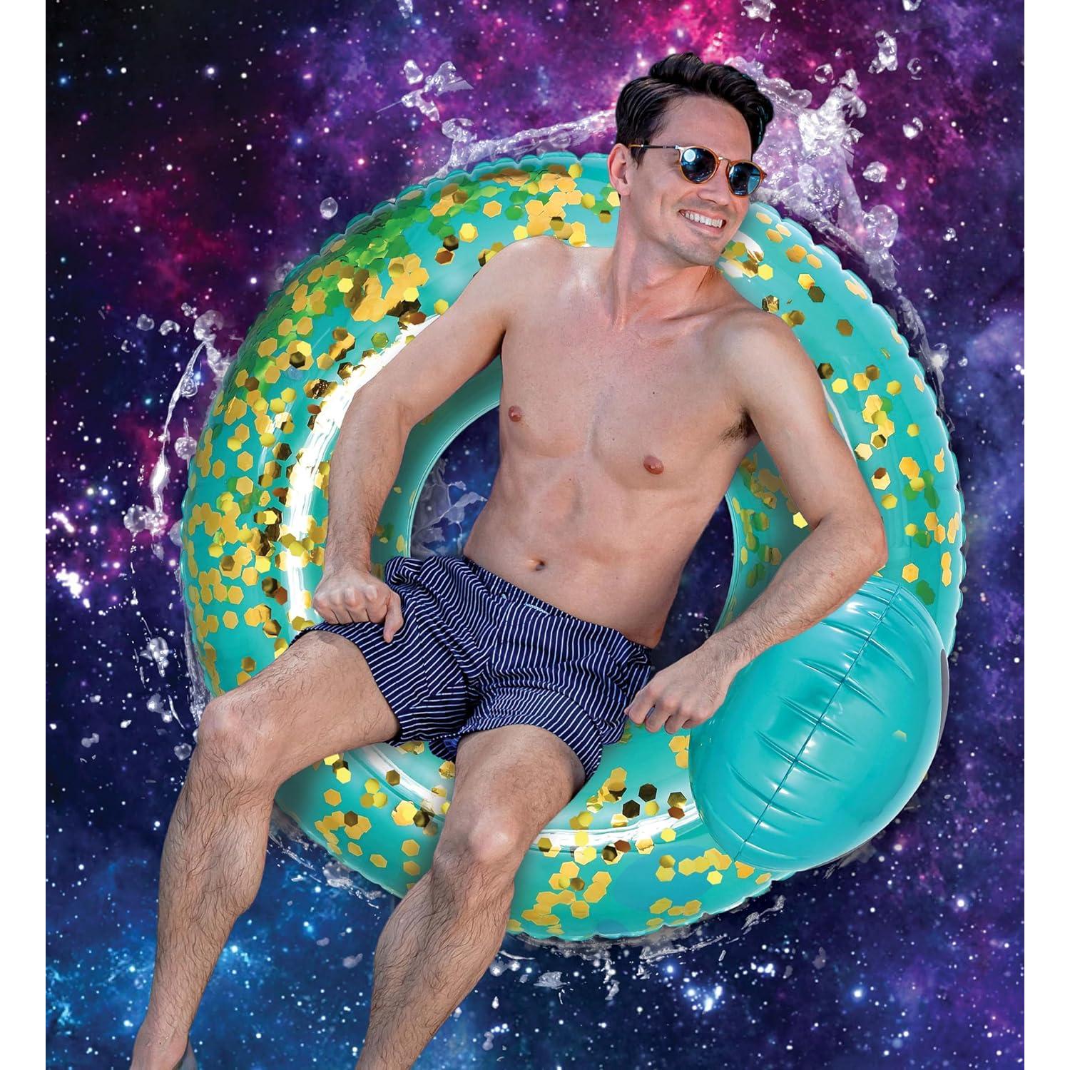 Flotador Inflable Alienígena POZA 91 cm Azul Dorado con Confeti