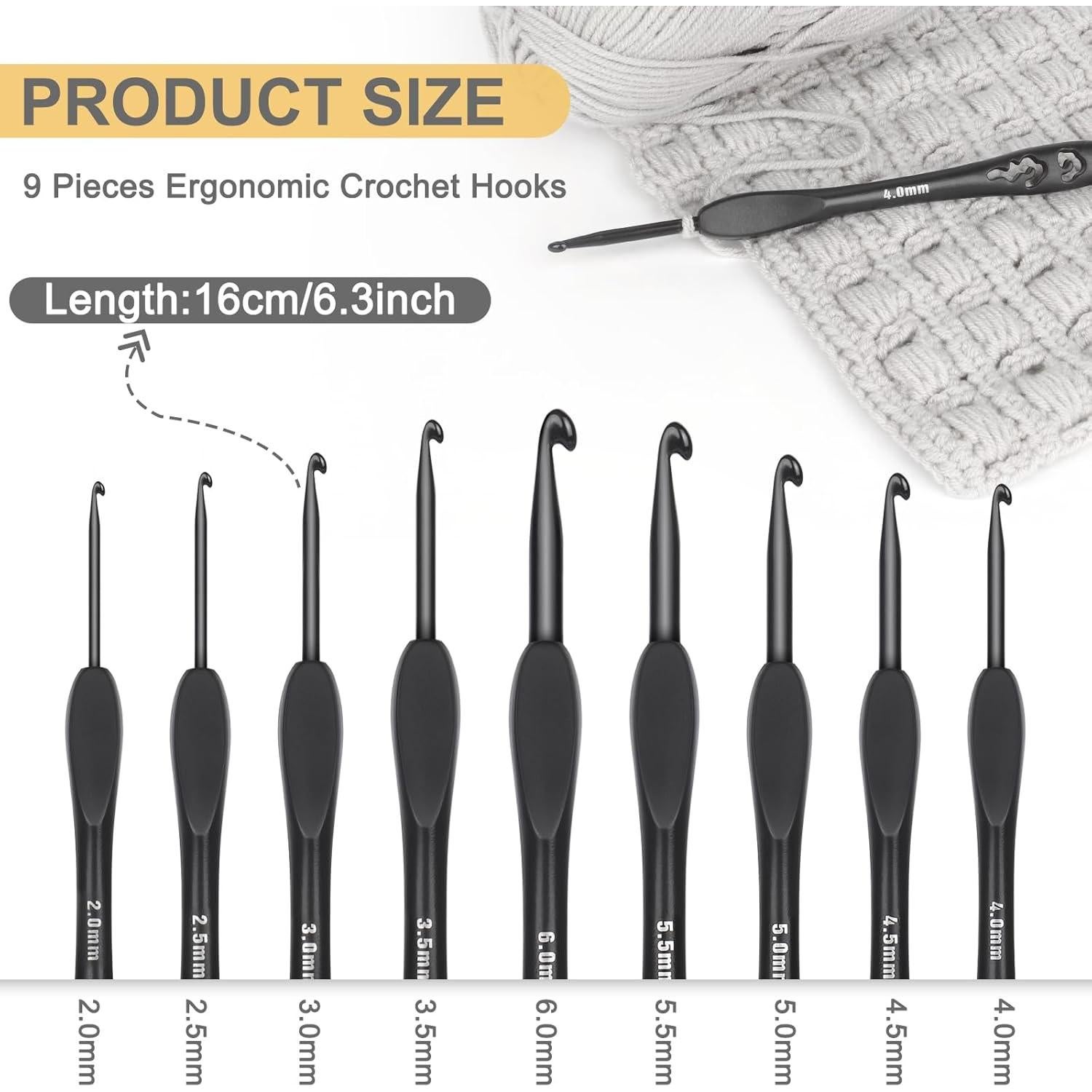 Juego de Ganchillos Ergonómicos Katech 9 Piezas 2.0mm a 6.0mm