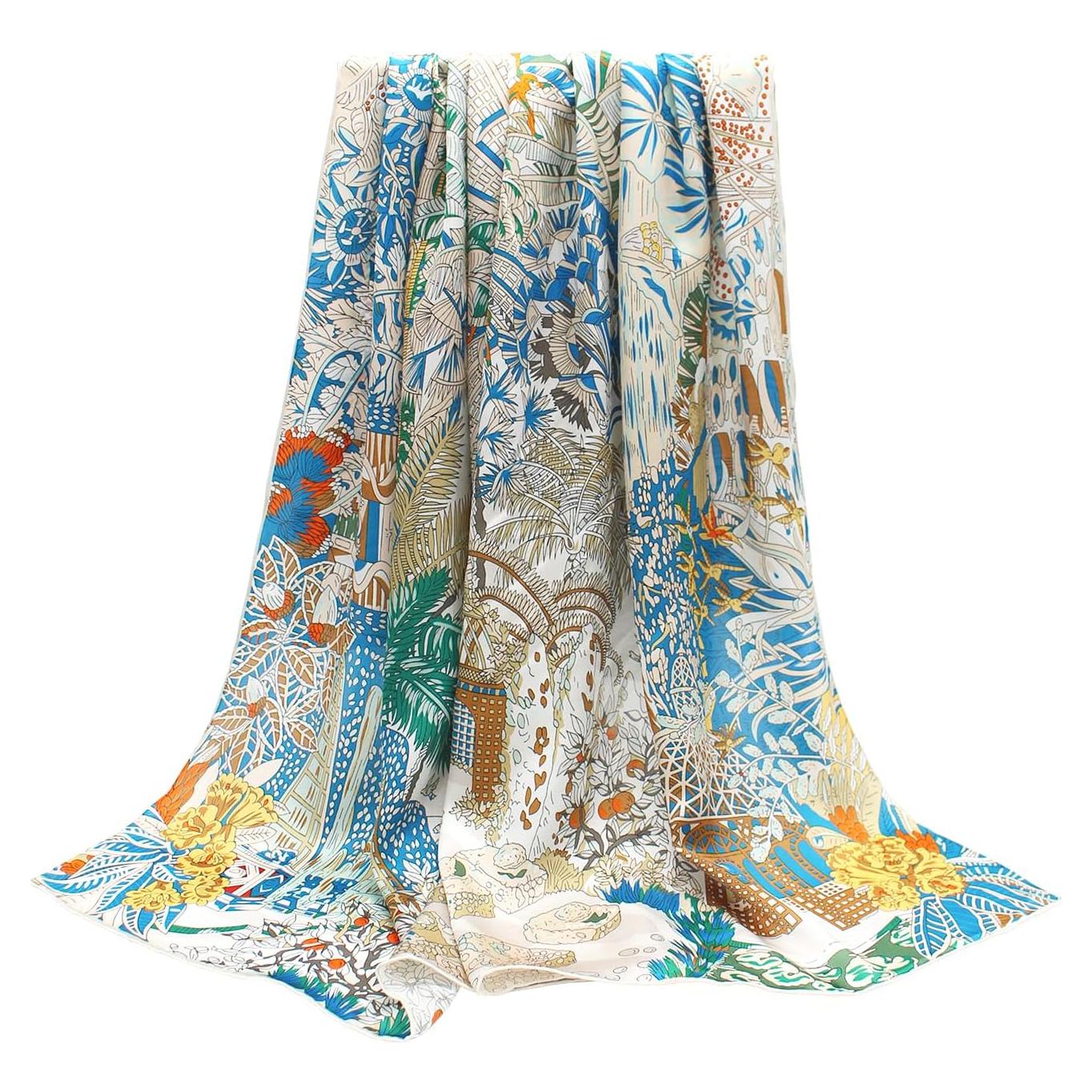 Bufanda de Seda 100% Andantino 110x110cm Beige y Azul