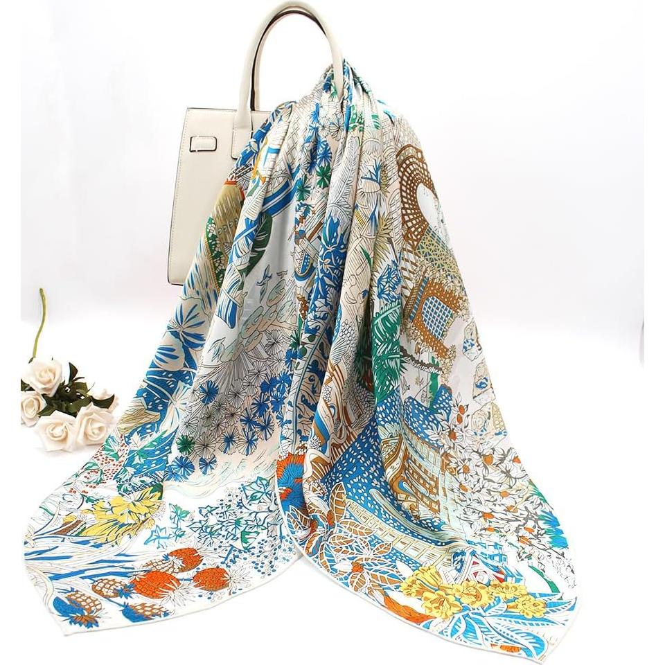 Bufanda de Seda 100% Andantino 110x110cm Beige y Azul