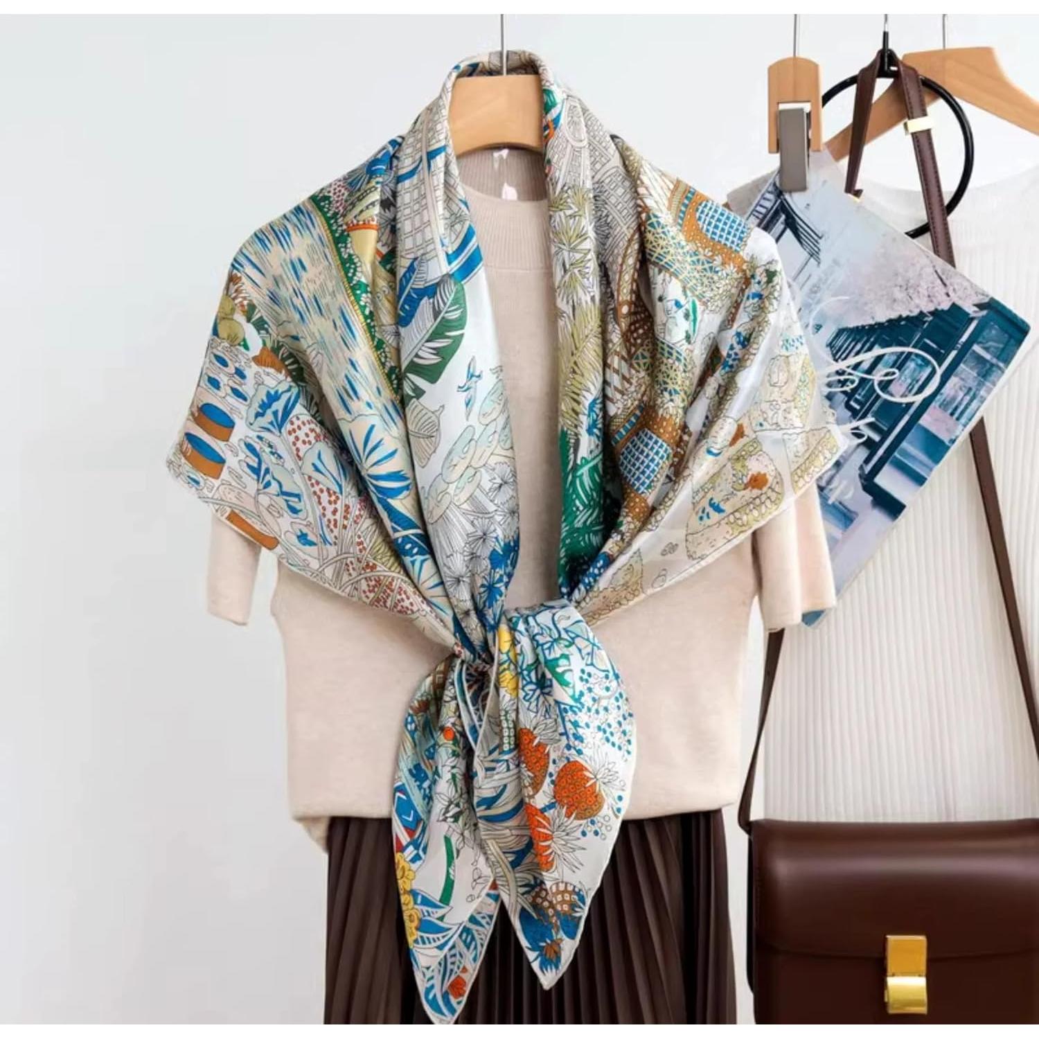 Bufanda de Seda 100% Andantino 110x110cm Beige y Azul