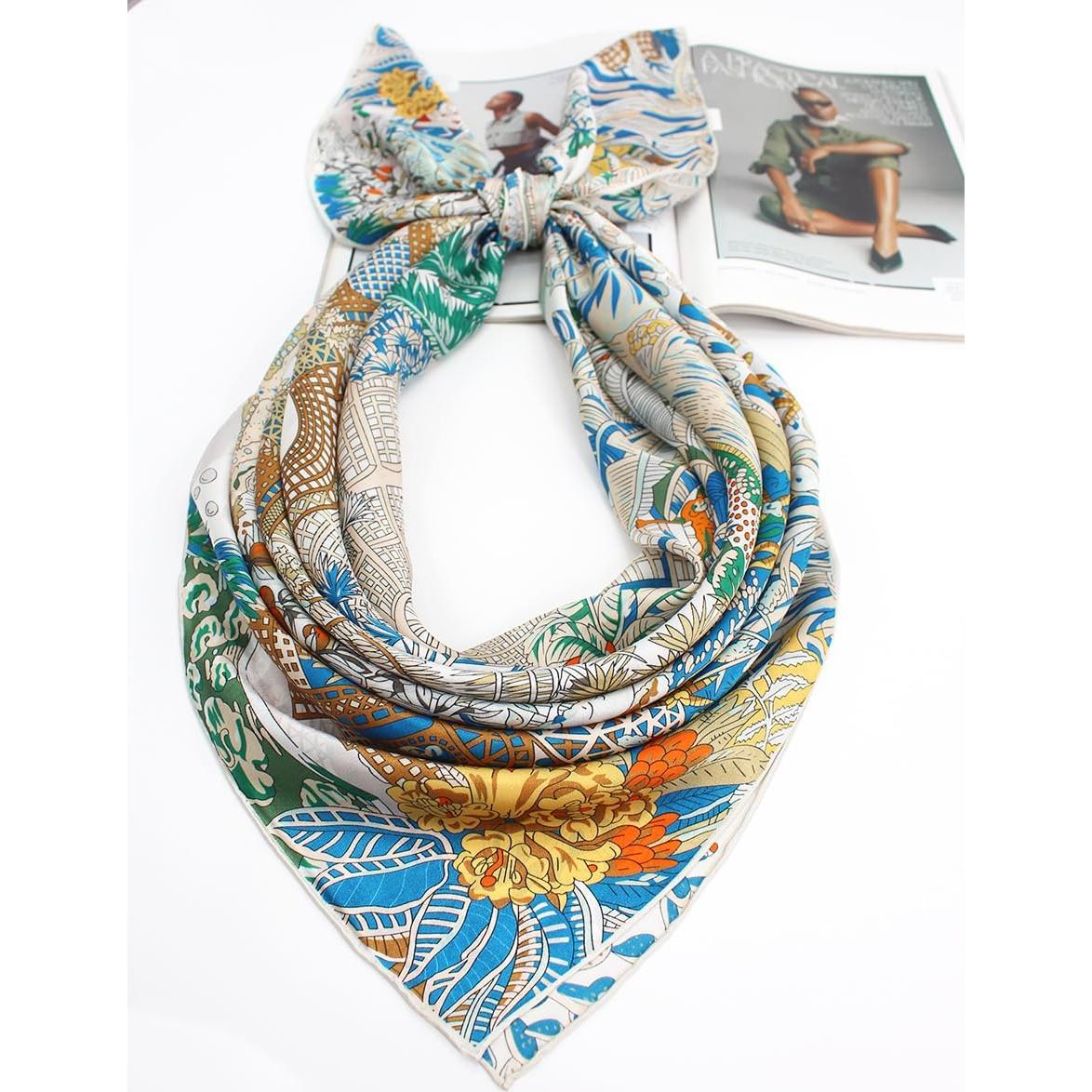 Bufanda de Seda 100% Andantino 110x110cm Beige y Azul