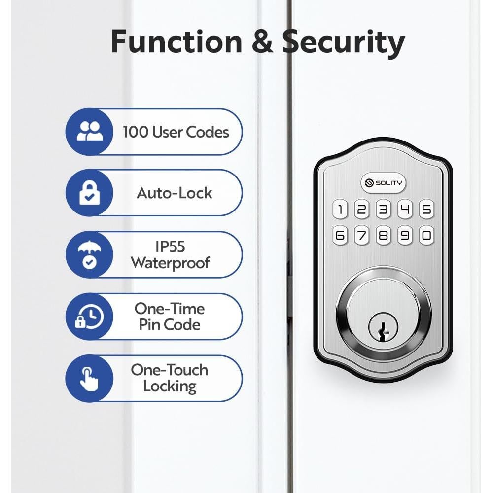 Cerradura Electrónica Solity AT1, Teclado, 100 Códigos, Niquel Satinado