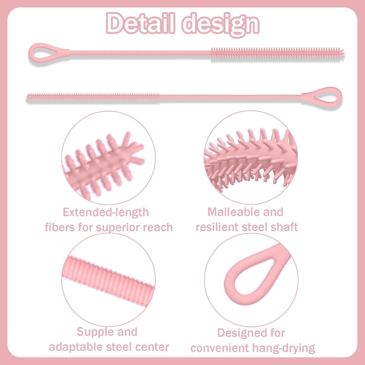 Extra Long Silicone Straw Cleaner Brush，2 Pcs Reusable Straw Brush for Cleaning 8-10mm Straws,Soft and Bendable Anti Slip Handle (Pink)