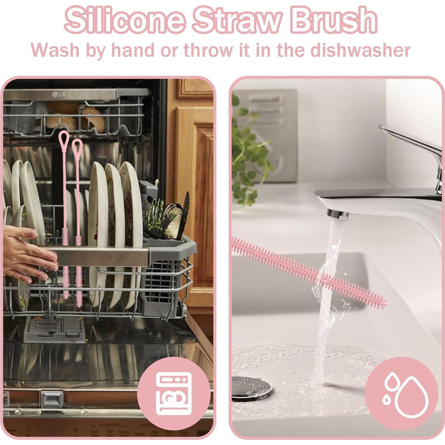 Extra Long Silicone Straw Cleaner Brush，2 Pcs Reusable Straw Brush for Cleaning 8-10mm Straws,Soft and Bendable Anti Slip Handle (Pink)