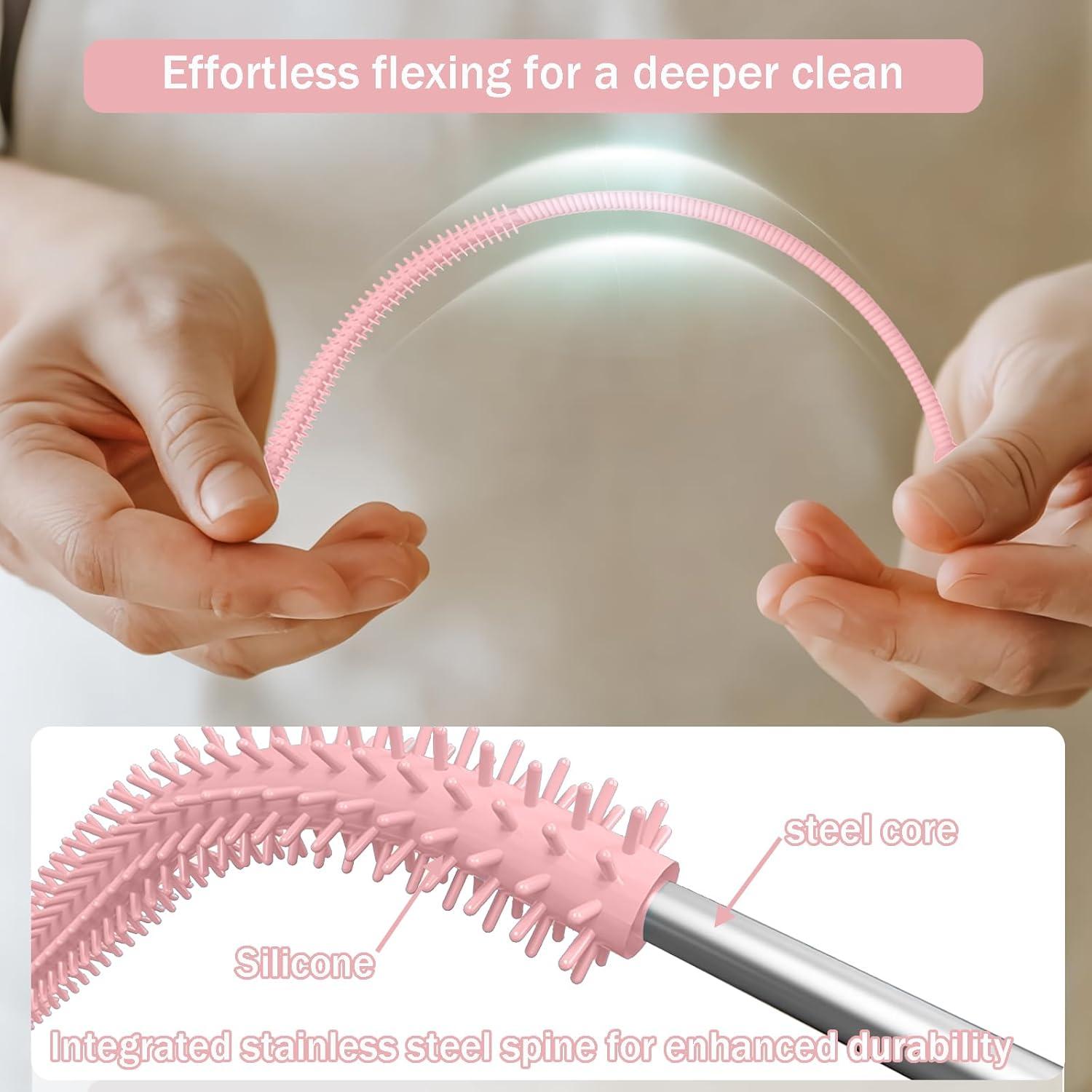 Extra Long Silicone Straw Cleaner Brush，2 Pcs Reusable Straw Brush for Cleaning 8-10mm Straws,Soft and Bendable Anti Slip Handle (Pink)
