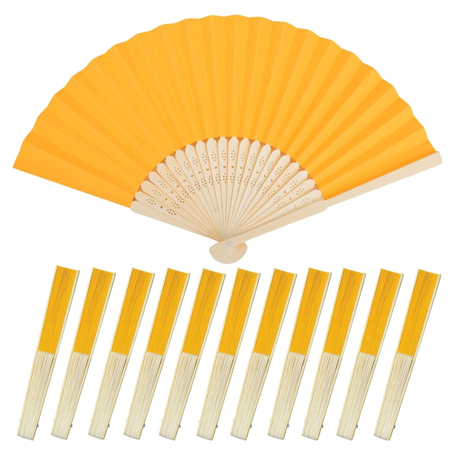 12 Abanicos de Papel Amarillo Plegables 21 cm para Bodas y Fiestas