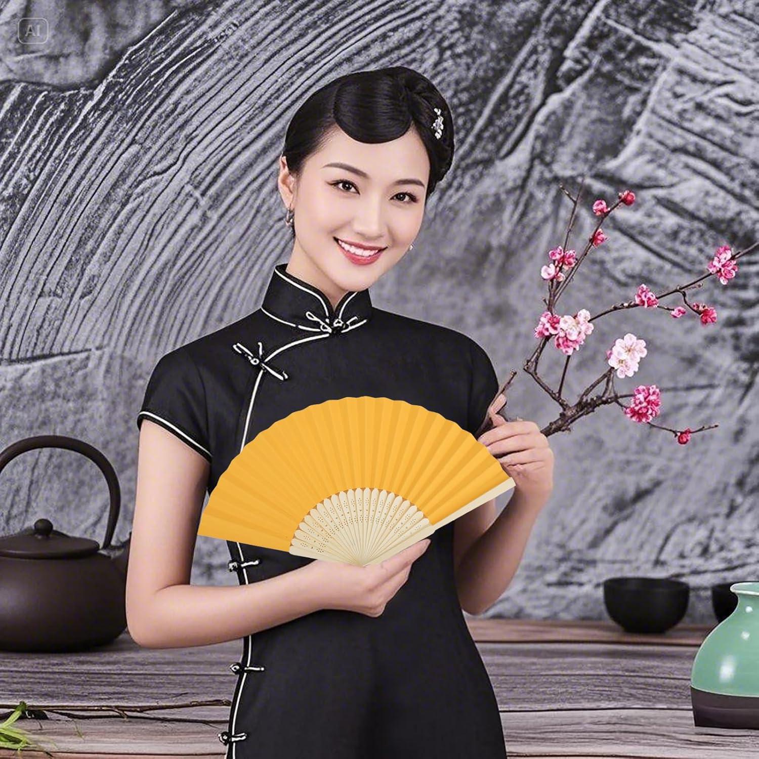 12 Abanicos de Papel Amarillo Plegables 21 cm para Bodas y Fiestas