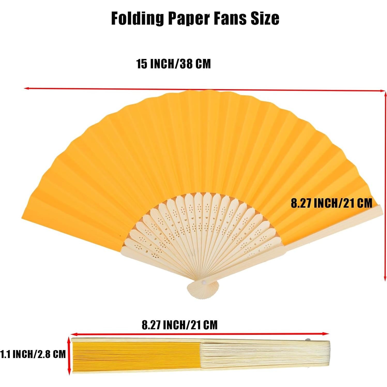 12 Abanicos de Papel Amarillo Plegables 21 cm para Bodas y Fiestas