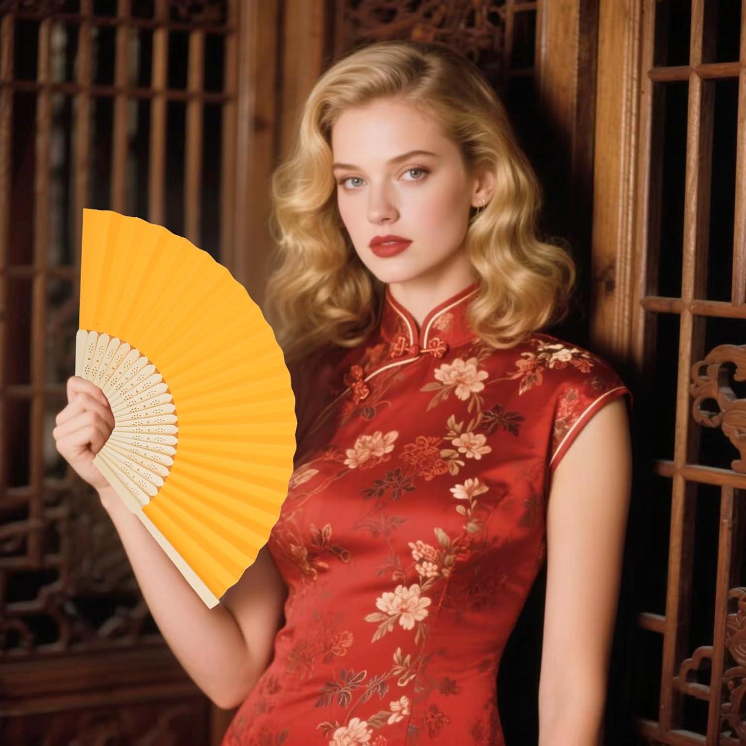 12 Abanicos de Papel Amarillo Plegables 21 cm para Bodas y Fiestas