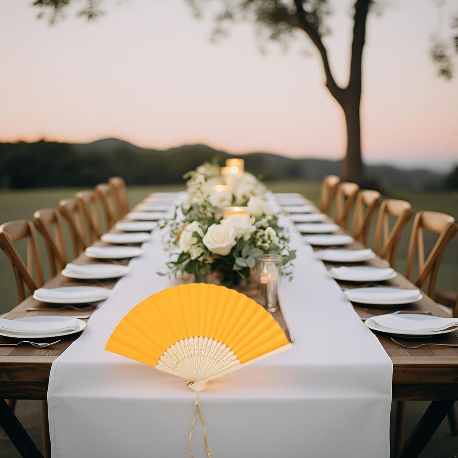 12 Abanicos de Papel Amarillo Plegables 21 cm para Bodas y Fiestas