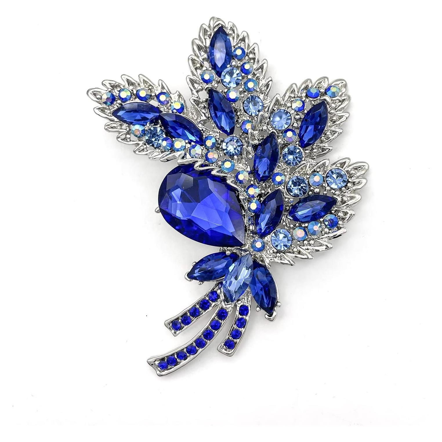 Broche de Cristal Austríaco YOQUCOL en Forma de Hoja Azul 8.5x10.5cm