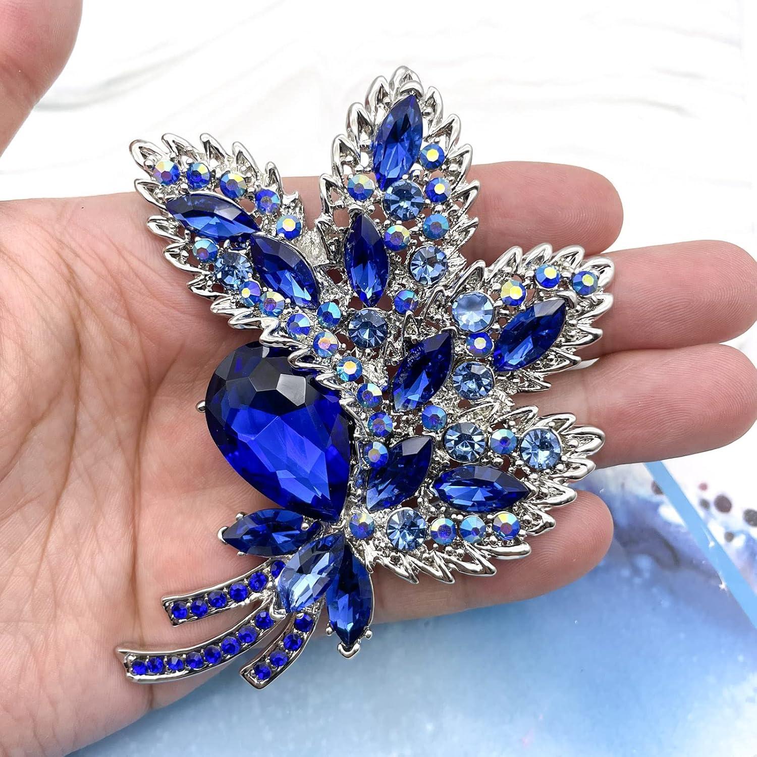 Broche de Cristal Austríaco YOQUCOL en Forma de Hoja Azul 8.5x10.5cm