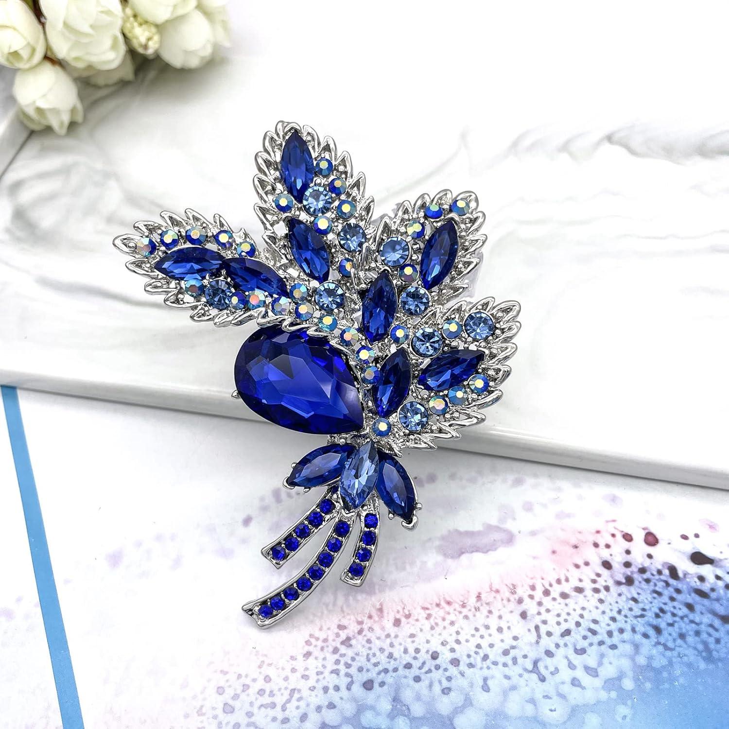 Broche de Cristal Austríaco YOQUCOL en Forma de Hoja Azul 8.5x10.5cm