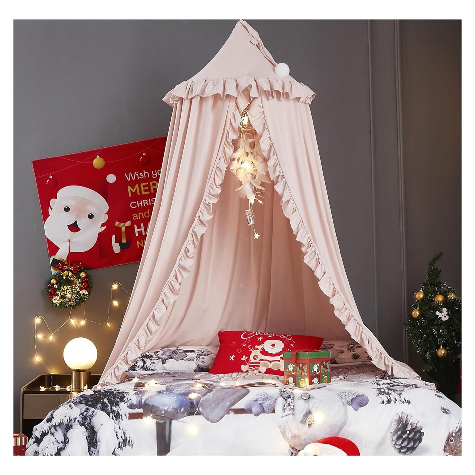 Dosel de Cama Redondo VETHIN para Niñas - Castillo Soñador Beige Rosa