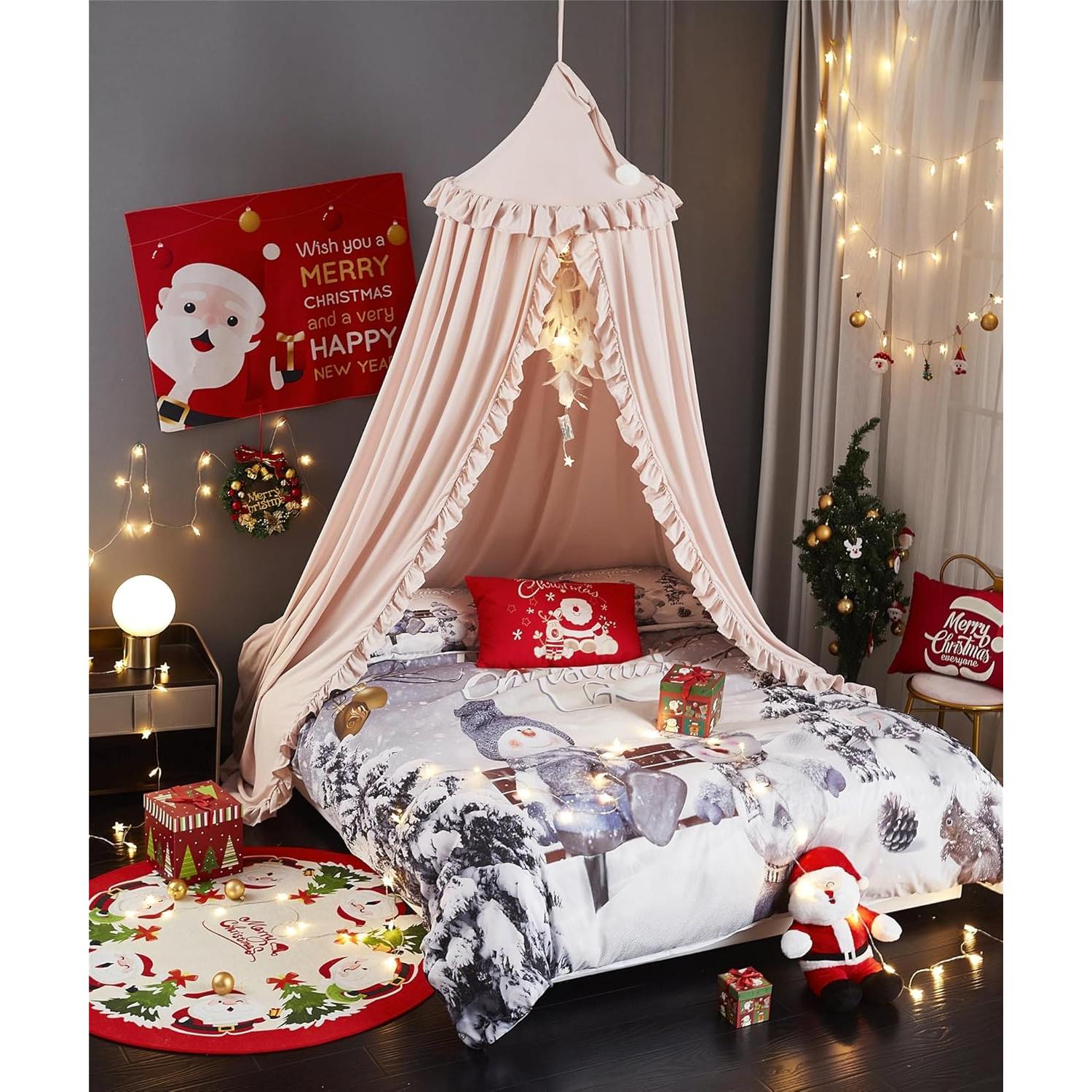 Dosel de Cama Redondo VETHIN para Niñas - Castillo Soñador Beige Rosa