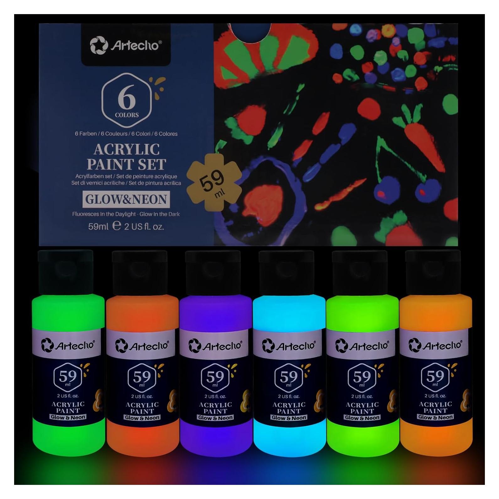 Pintura Acrílica Brillante que Brilla en la Oscuridad Artecho 6 Colores 60 ml