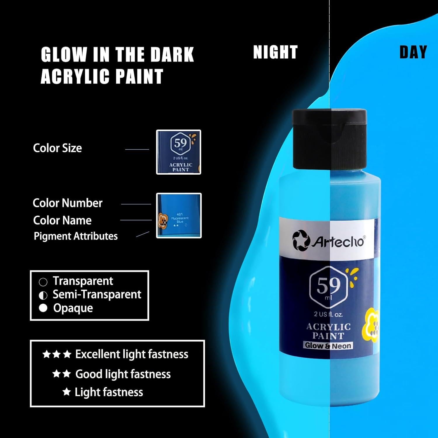 Pintura Acrílica Brillante que Brilla en la Oscuridad Artecho 6 Colores 60 ml