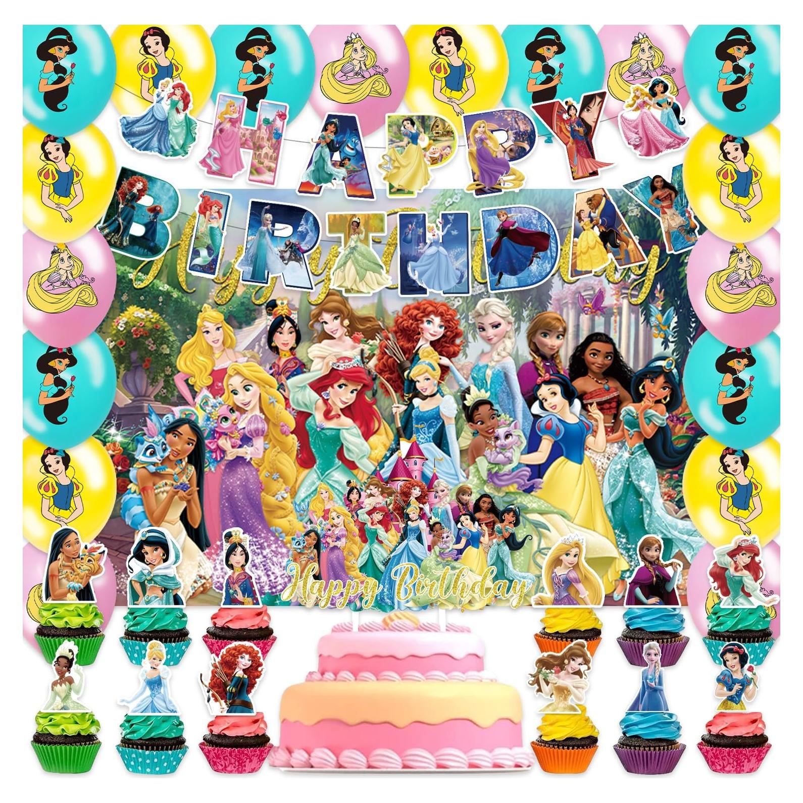 42pcs Princess Party Plates Supplies Pack Includes，Banner，Cake Topper，Blackdrop,Balloons for Princess party decoration
