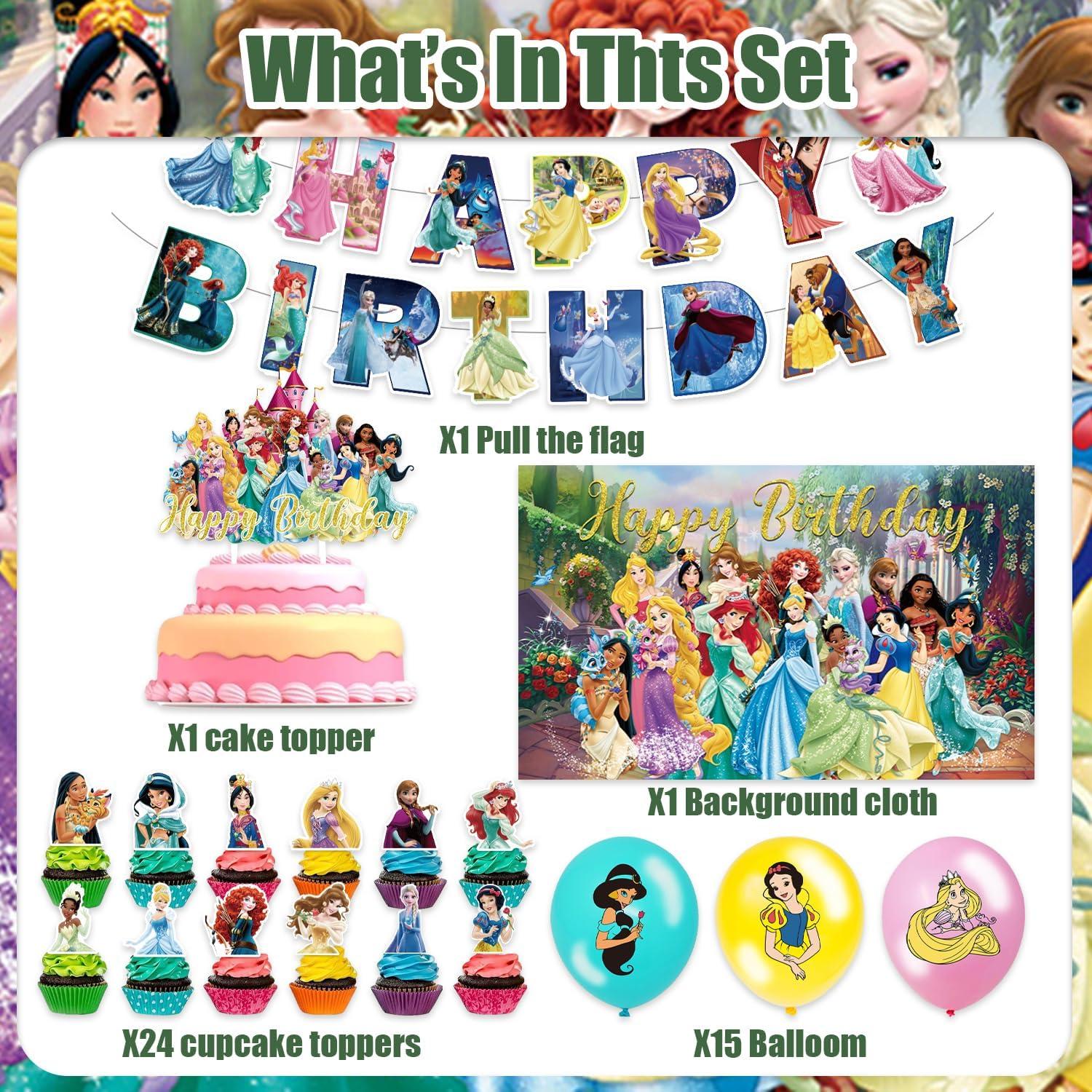 42pcs Princess Party Plates Supplies Pack Includes，Banner，Cake Topper，Blackdrop,Balloons for Princess party decoration